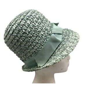 Vintage Mint Green Straw Sun Hat Grosgrain Ribbon & Bow Womens Lightweight READ